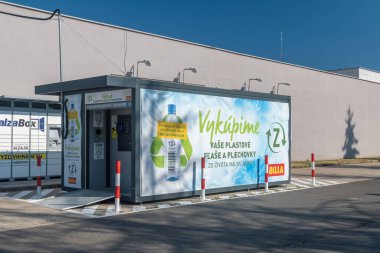 Svidnik, Slovakia - June 12, 2022: Plastic bottles self service recycle machine of Billa shop.