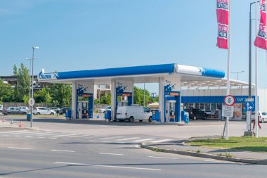 Timisoara, Romania - June 8, 2022: Gazprom gas station. Gazprom is one of the main power and energy companies of Russia.