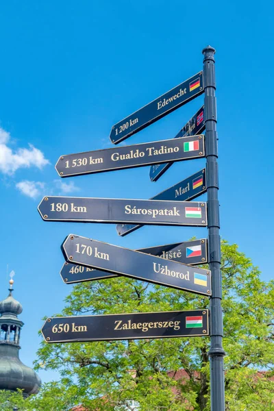 Krosno, Poland - June 12, 2022: Distances in kilometers in the Krosno city in Poland showing directions and distances to others cities.