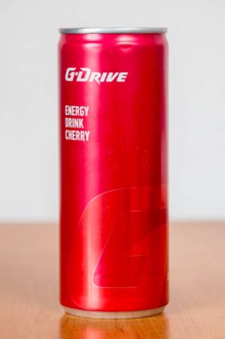 Deblin, Poland - June 16, 2022: Can of G-Drive cherry flavoured energy drink.