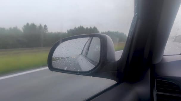 Car Wing Mirror View Heavy Rainy Drive — 비디오
