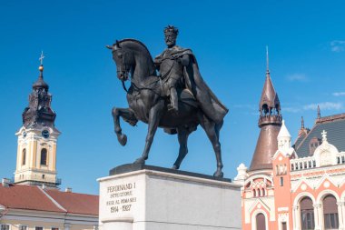 Oradea, Romania - June 10, 2022: Monument to Ferdinand I of Romania (Ferdinand I Intregitorul Rege al Romaniei) 1914 - 1927.
