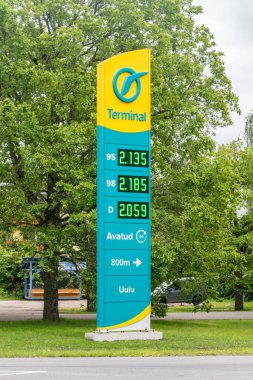 Uulu, Estonia - June 19, 2022: Price board gas station of Tartu Terminal.