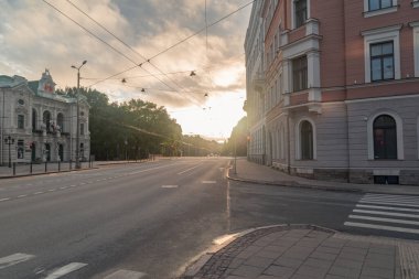 Riga, Latvia - June 20, 2022: Sunrise view on Krisjana Valdemara iela street.