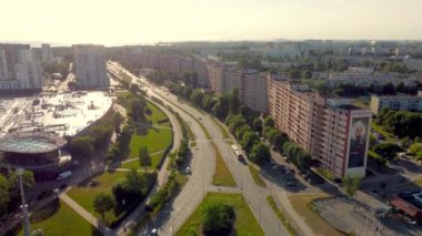 Gdansk, Poland - July 5, 2022: Aerial morning view for longest falowiec. Falowiec is block of flats characterised by its length and wavy shape. Length of around 850 m.
