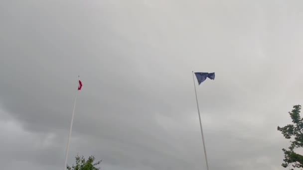 Bandeiras Polónia Dia Nublado — Vídeo de Stock