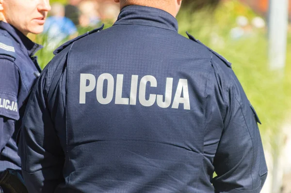 Danzica Polonia Agosto 2022 Polizia Polacca Firma Sulla Giacca — Foto Stock