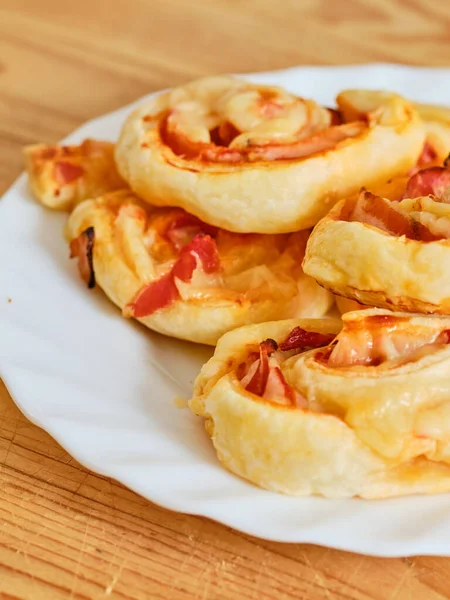 Tasty Pizza Rolls Ham Cheese White Plate — Stok Foto