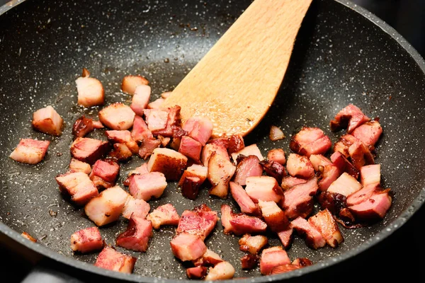 Tasty Sliced Smoked Bacon Frying Pan —  Fotos de Stock