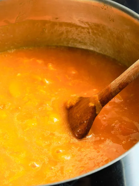 Preparing Apricot Marmalade Sugar Cooking Pot — Fotografia de Stock