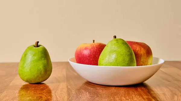 Still Life Apple Pear Fruit White Bowl Wooden Table — Stock Photo, Image
