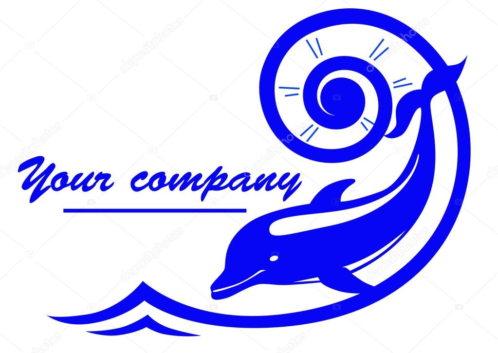 Vector logo dolphin with a stylised wave and sun isolated.