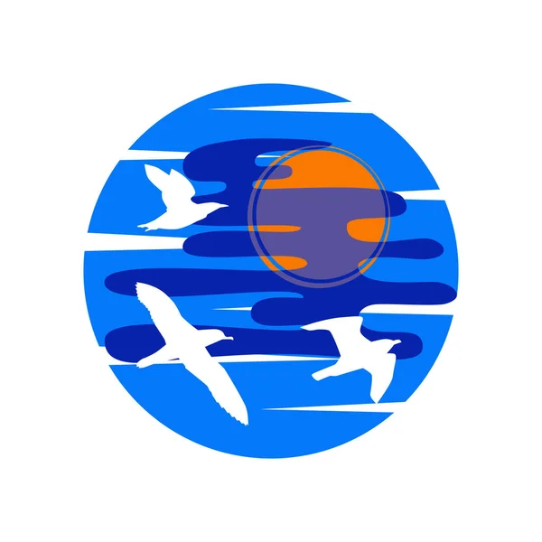 Logo Avec Oiseaux Mer Volants Sur Fond Ciel Bleu Soleil — Image vectorielle