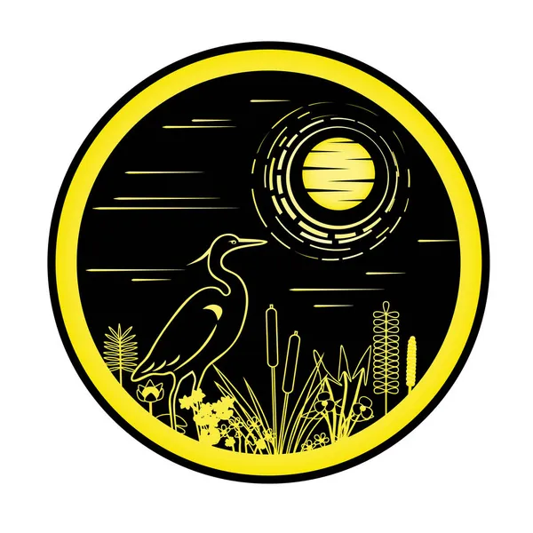Ночной Пейзаж Золотыми Силуэтами Цаплей Цветами Воды Травами Изолированном Кругу — стоковый вектор