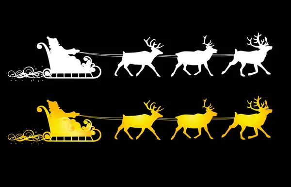 Santa Claus Rides Reindeer Golden White Silhouettes Black — Stock Vector