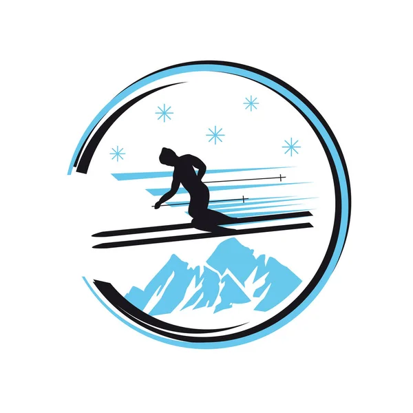 Skiër Logo Een Cirkel Een Achtergrond Van Bergen Geïsoleerd Een — Stockvector