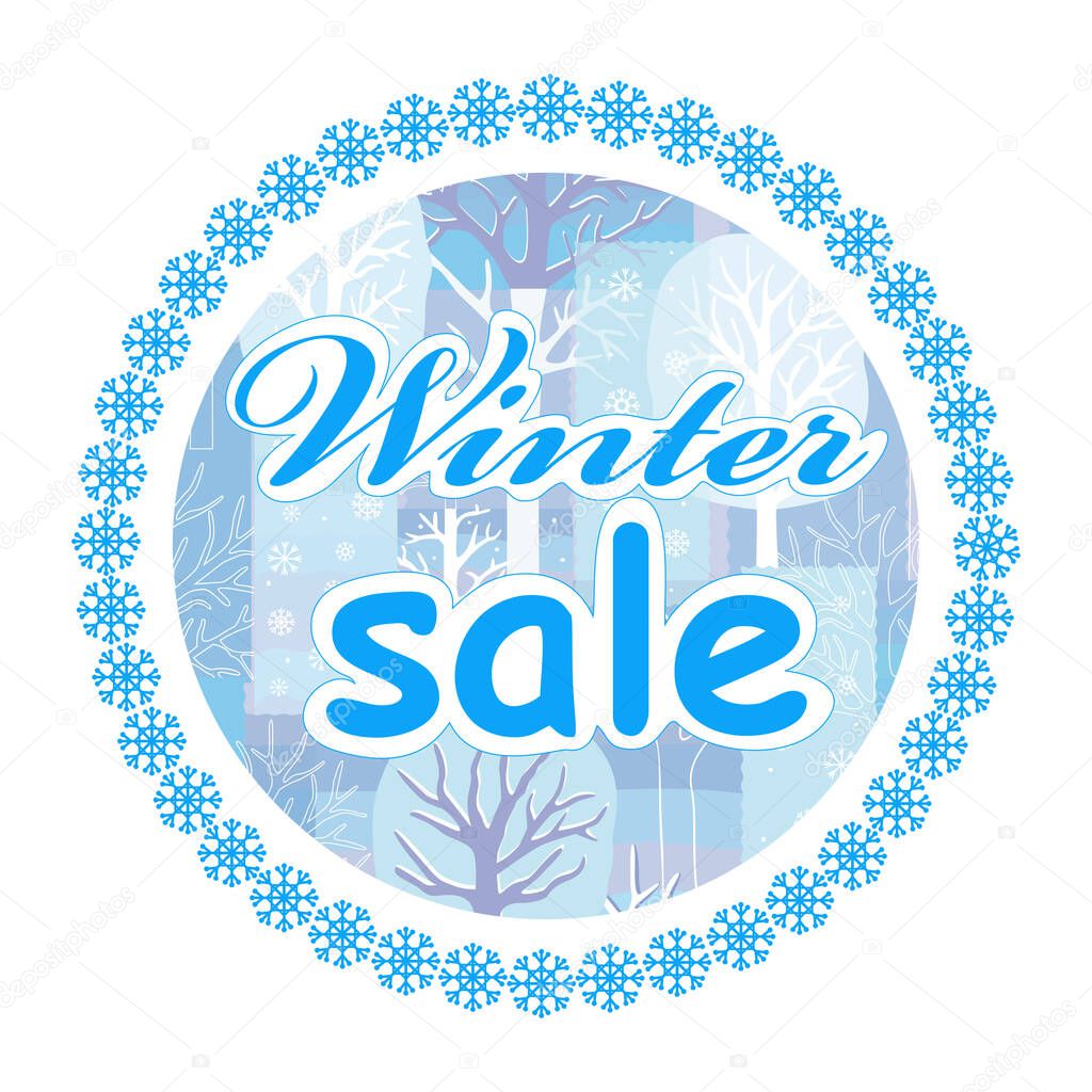 Winter sale illustration design with forest in a circle isolated