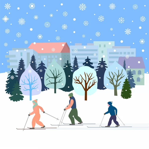 Family Child Skiing Background Forest City Winter — Stock vektor