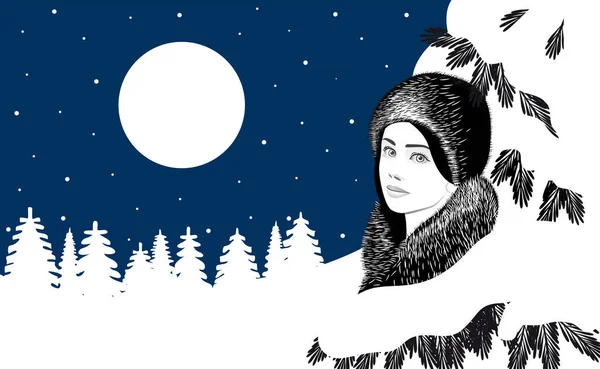 Beautiful Girl Fur Hat Fur Coat Walks Snowy Forest Backdrop — Vetor de Stock
