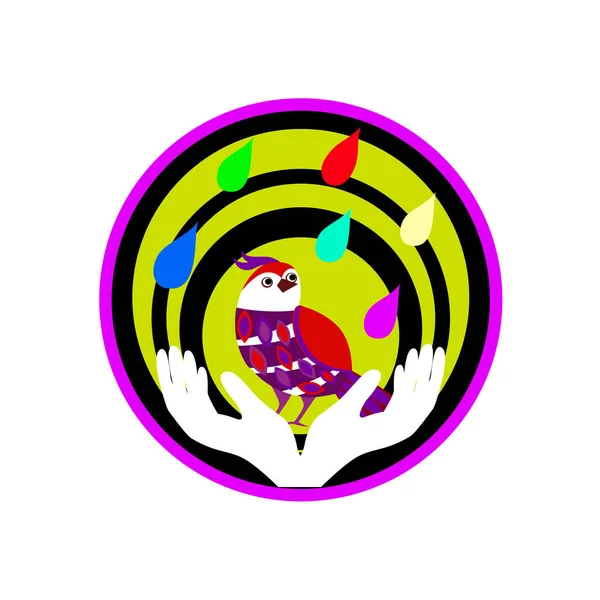 Logo Emblem Bird Happiness Tomorrow Bird Human Hands Colorful Raindrops — Stockvektor