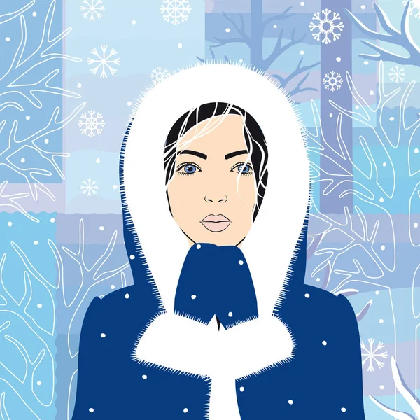 パッチワークスタイルで冬の風景を背景にフード付きの毛皮のコートの美しい女の子 — ストックベクタ
