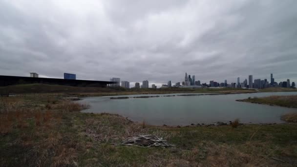 Piękny Widok Panoramę Chicago Wyspy Northerly Ponury Dzień Trawą Stertą — Wideo stockowe