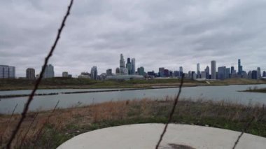 Kuzey Adası 'nın güzel gökyüzü manzarası kasvetli bir günde sağa dönüyor kameranın önünde dallar ve dallar, ön planda bir gölet ve yukarıda bulutlu bir gökyüzü..