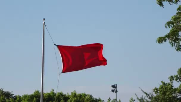 Bright Red Flag Flaps Wind Flagpole Beach Lake Michigan Chicago — Stock videók