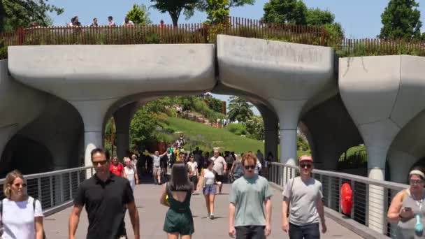 New York June 26Th 2022 Tourists Locals Cross Pedestrian Bridge — Vídeos de Stock