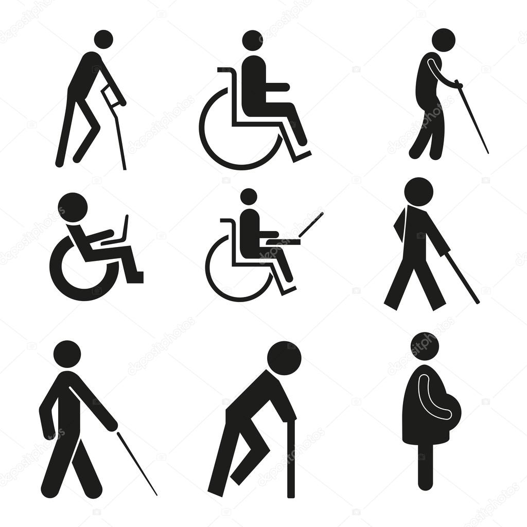 Set icon symbol wheelchair notebook pregnant blind crutch sign handicapped accessible