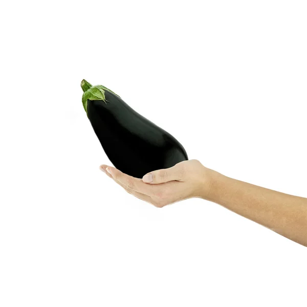 Berinjela comida orgânica preta mão segurando dedo dieta receitas salada saudável isolado vegetariano antip — Fotografia de Stock