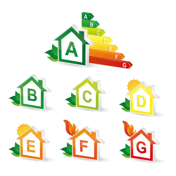 Conjunto clase de energía energieberatung gráfico de barras eficiencia calificación electrodomésticos consumo medio ambiente logotipo — Vector de stock