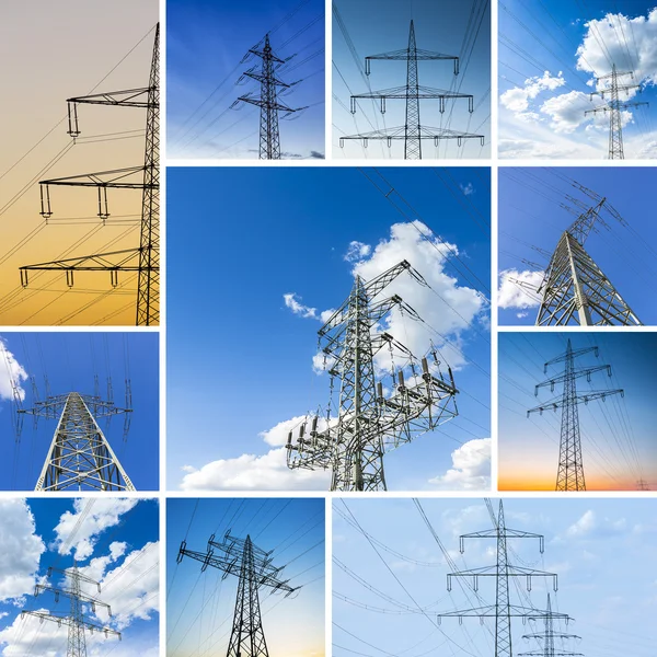 Power set collage pole cloud sky power line powered electricity electricity dusk sunset — Stock Photo, Image