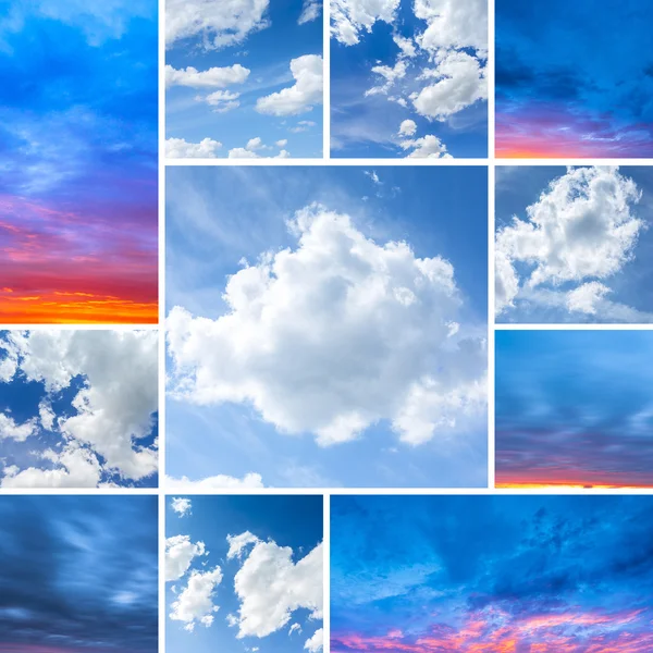 Sunlight sunrise set collage clouds sky blue hour colors red dusk light strum weather — Stock Photo, Image