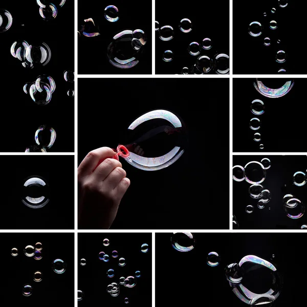 Soap bubbles Bubble set collage blowing blowing ring round black ball — Stock Photo, Image