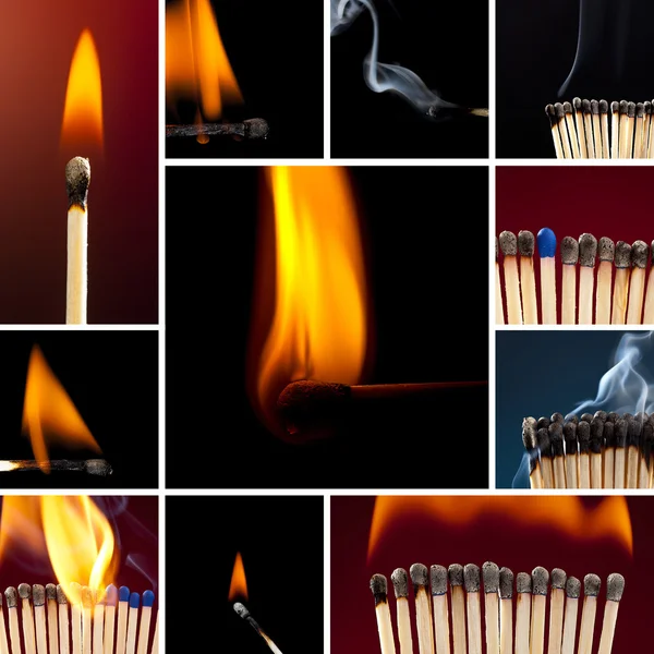 Matchstick Lucifer instellen collectie lichte rook smeulende brand vlam kaars lichter zwavelsteenkool — Stockfoto