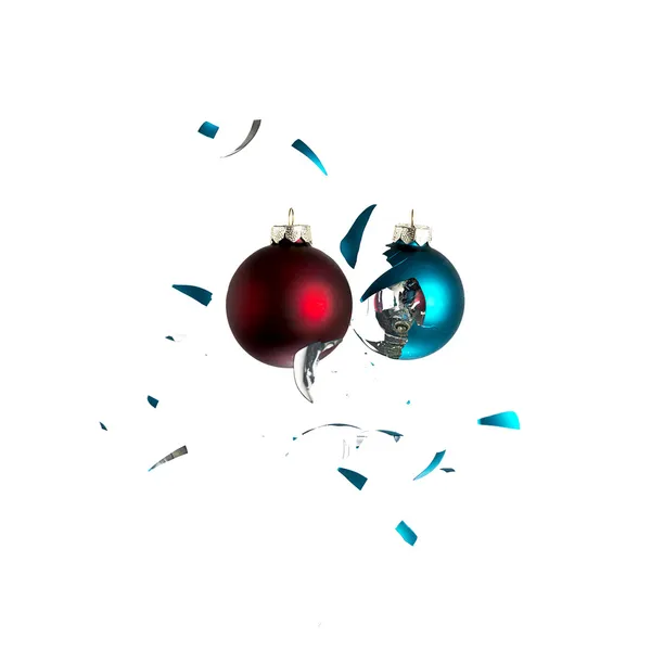 Vánoční koule vánoční stromeček modrý červený ornament dekorace dopad třeskl výstřel — Stock fotografie