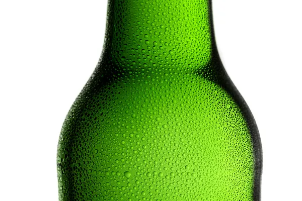 Beer bottle bottleneck condensation dripping green chilly dew beer froth brewery disco summer party — Stock Photo, Image