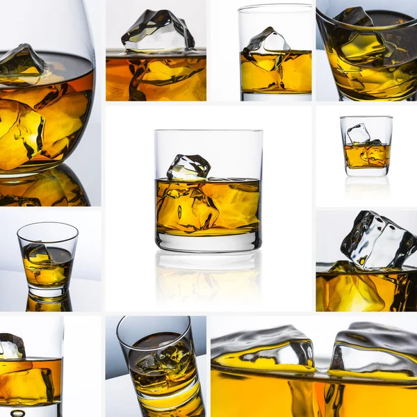 Whiskey glass set collage reflection ice drink bourbon rocks alcoholic alcohol scotland — Stock Photo, Image