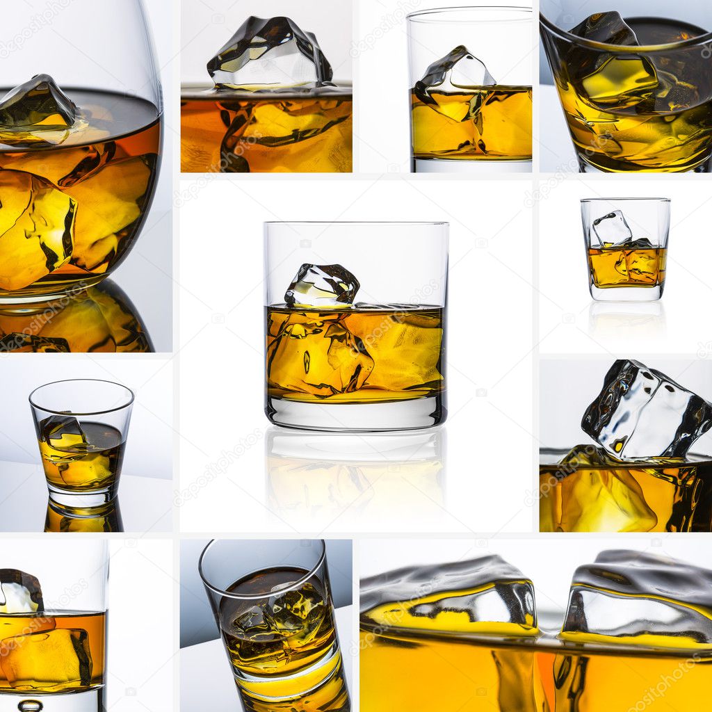 Whiskey glass set collage reflection ice drink bourbon rocks alcoholic alcohol scotland