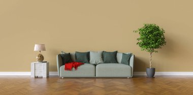 Oturma odasındaki kanepe kahverengi bir duvarda, duvarda resim tuvali için fotokopi alanı var.