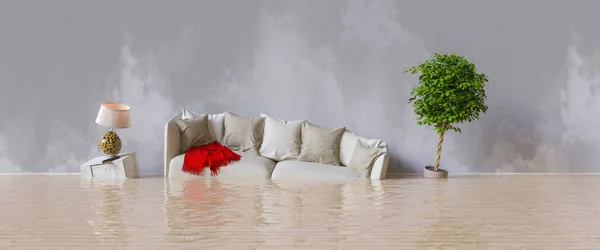 Dañador Agua Después Inundación Casa Con Muebles Flotantes — Foto de Stock