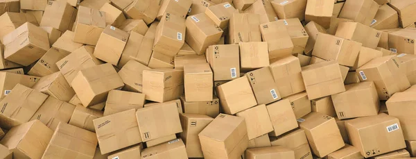 Distribution warehouse, package shipping, freight transportation, logistics and delivery concept, background with heap of cardboard boxes and parcels