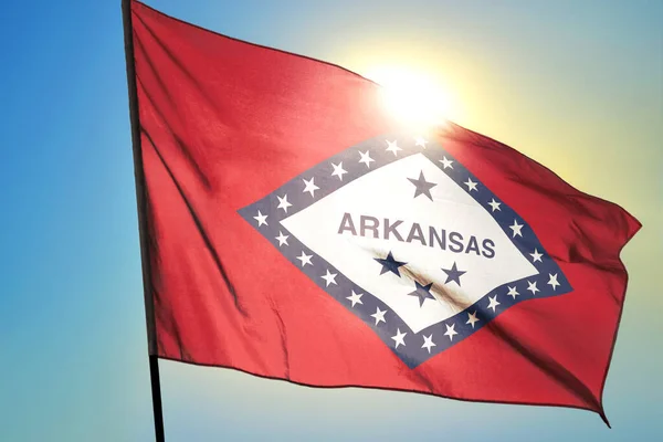 Arkansas State United States Flag Waving Wind Front Sun — Stock Photo, Image