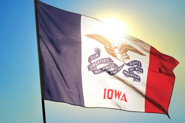 Iowa State United States Flag Waving Wind Front Sun — Stock Photo, Image