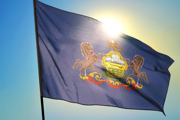 Pennsylvania State United States Flag Waving Wind Front Sun — Stock Photo, Image