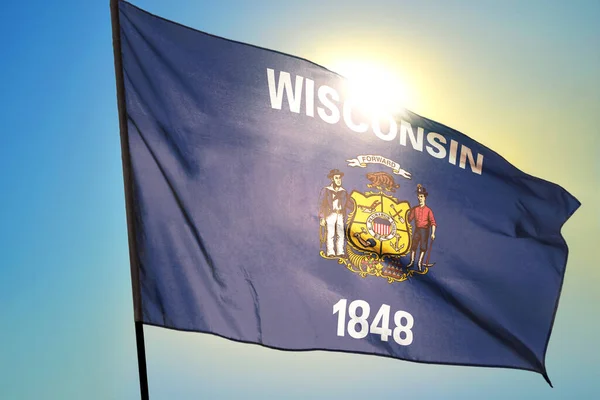 Wisconsin State United States Flag Waving Wind Front Sun — Stock Photo, Image