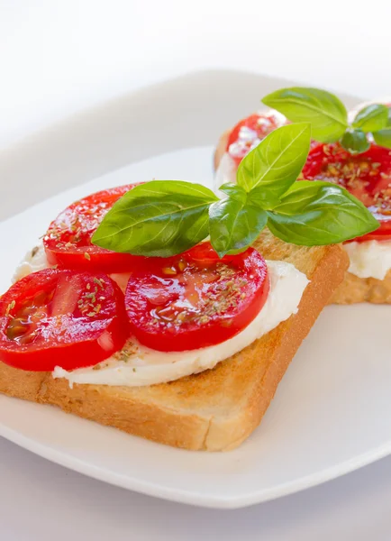 Bread with mozzarella tomatoes and basil — Stock Photo, Image