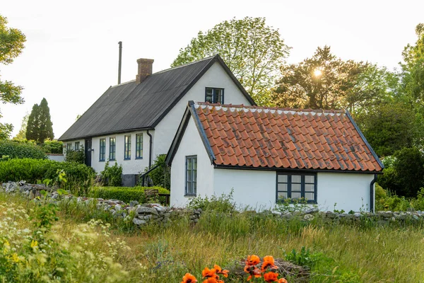 Imagen de hermoso jardín con manzanos, flores y casa de verano de estilo escandinavo — Foto de Stock