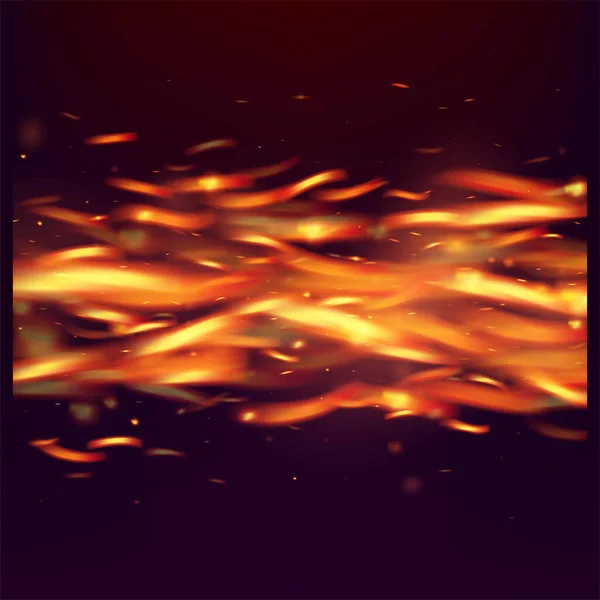 燃烧着火焰的火花背景 现实的能量发光 明亮的夜晚 金色的闪光 熊熊燃烧的火焰 现实的黑色火势图像 隔离火 — 图库矢量图片